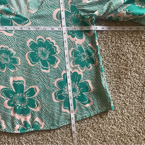Emily Wonder Floral Blouse Womens S Green Hibiscus Checkered Flared Sleeves Boho - Picture 8 of 10